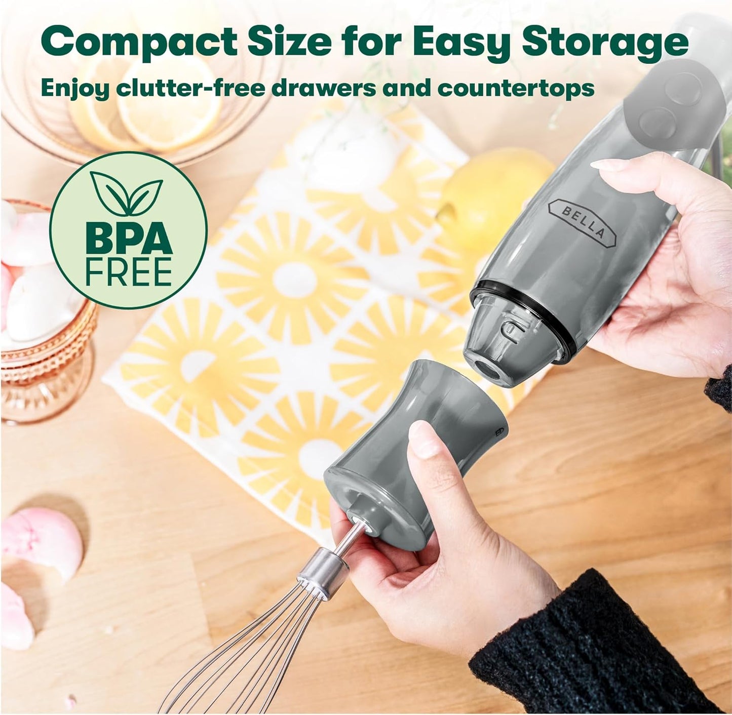 BELLA Immersion Hand Blender, Portable Mixer with Whisk Attachment - Electric Handheld Juicer, Shakes, Baby Food and Smoothie Maker, Stainless Steel, Black
