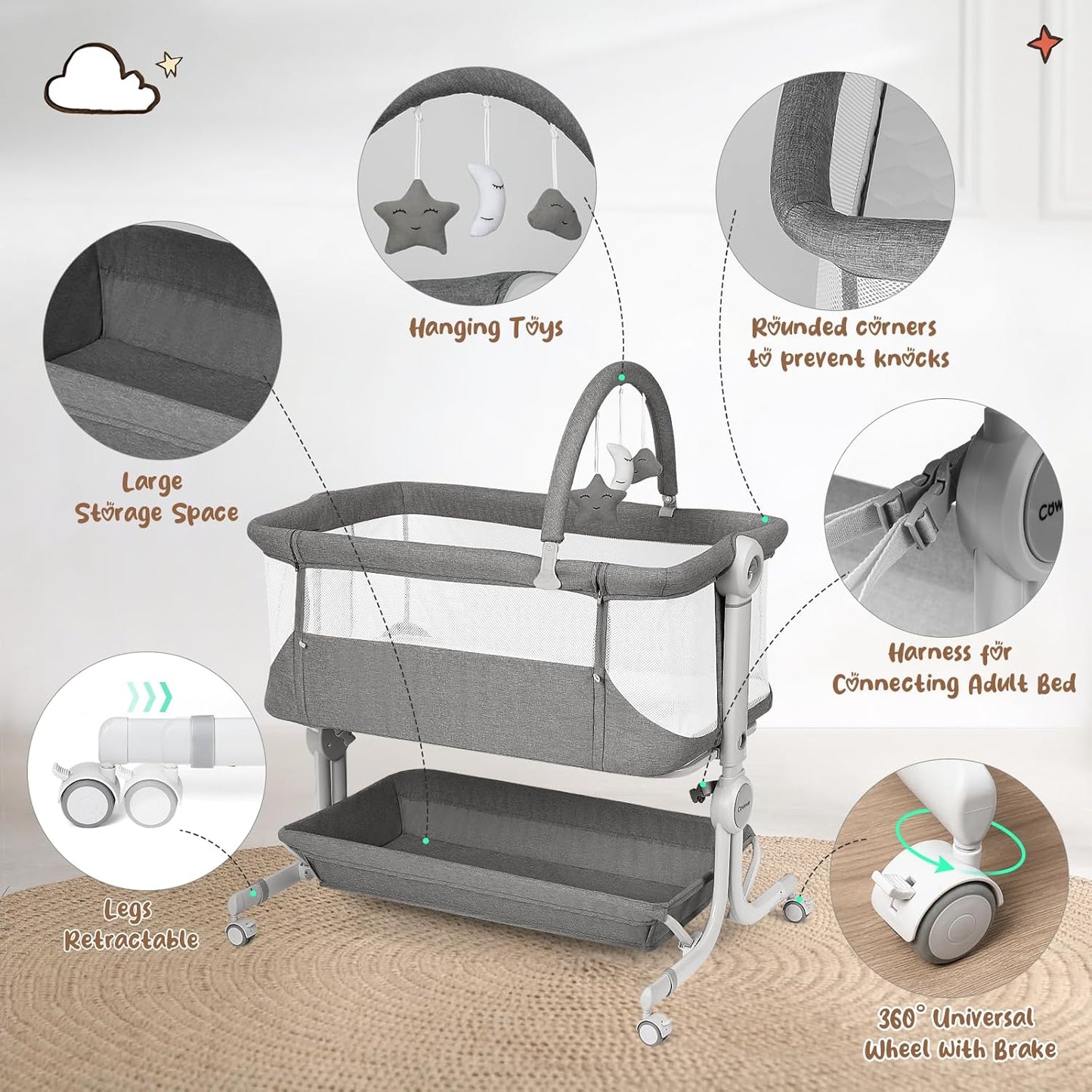 Cowiewie Baby Bassinet 4-Sided Mesh Bedside Sleeper with Wheels for Infant/Newborn Foldable Adjustable Height Portable Bedside Crib(Grey) | Breathable Mesh