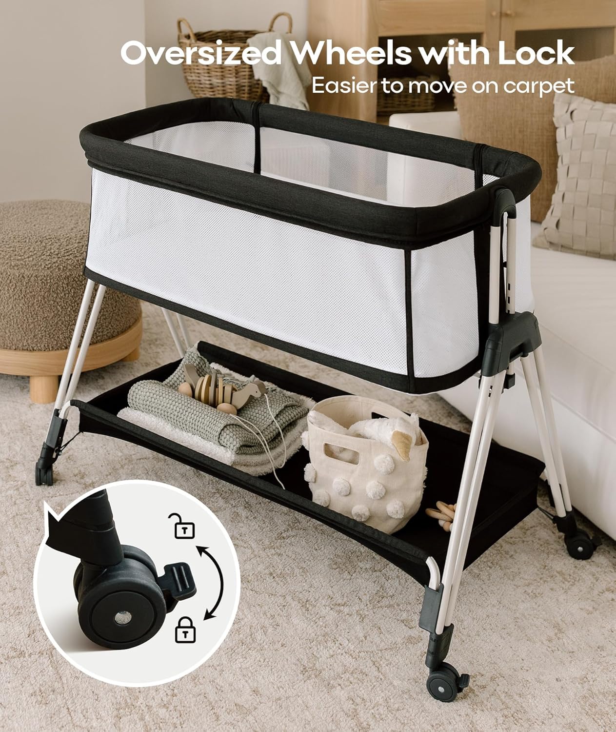 Fodoss Baby Bassinets Bedside Sleeper - 3-in-1 Baby Bassinet with Wheels, Soft Mattress, Storage Tray, Full-Mesh Sides, 7-Height Adjustable Crib for Newborns