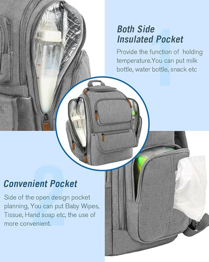 Mancro Diaper Bag Backpack, Multifunctional Baby Diaper Bag Backpack For Men Women with Stroller Straps, Travel Water Resistant Baby Diaper Backpack with 2 Side Insulated Pockets, White Grey