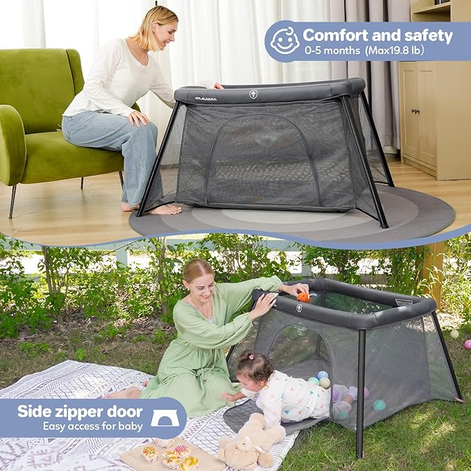 ELEMARA 2 in 1 Baby Travel Crib Easy-Set Up,Portable Crib with Comfortable Mattress and Lightweight-Foldable Crib with Long-Lasting Playard, Indoor & Outdoor Playpen, Pack and Play for Toddler