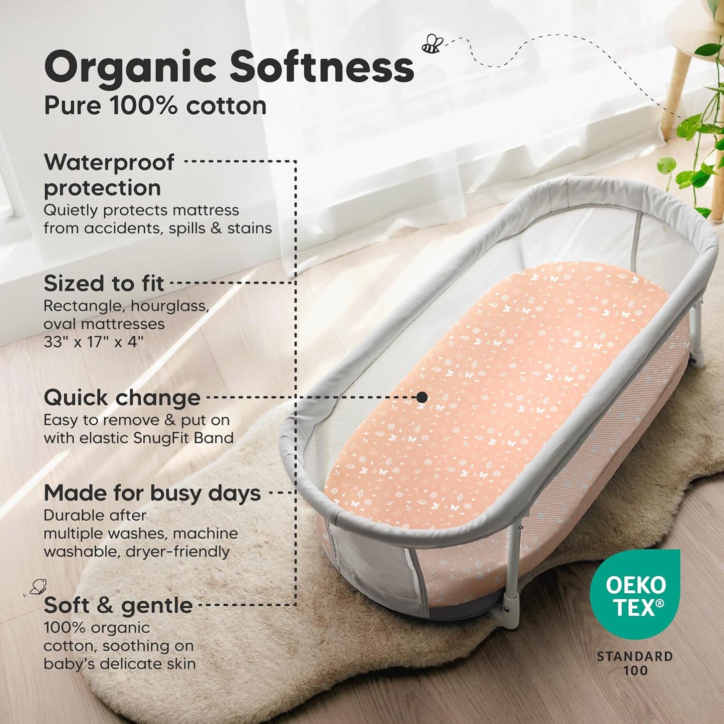 2-Pack Organic Bassinet Sheets for Girls, Boys - 100% Cotton Bassinet Mattress Sheets Compatible with Halo Bassinest Swivel Sleeper, Graco, Baby Delight, Chicco, Unisex Fitted Bassinet Sheets (Elly)