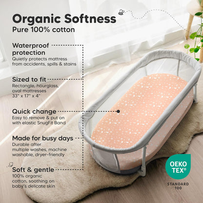 2-Pack Organic Bassinet Sheets for Girls, Boys - 100% Cotton Bassinet Mattress Sheets Compatible with Halo Bassinest Swivel Sleeper, Graco, Baby Delight, Chicco, Unisex Fitted Bassinet Sheets (Elly)