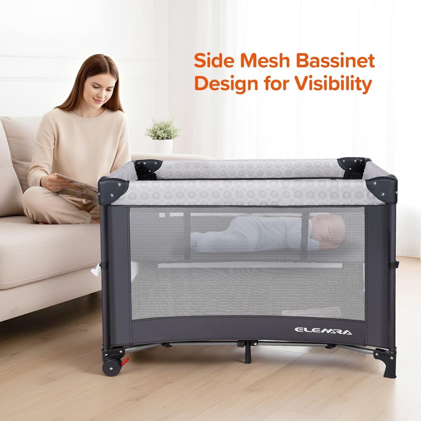 ELEMARA Wide Baby Bassinet Bedside with Diaper Changer,Long Next to Bed Crib with Mattress,Sheet,Music, Playpen Travel Bed with Storage (3 in 1 Baby Bassinet, 3 in 1 Full)