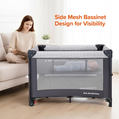 ELEMARA Wide Baby Bassinet Bedside with Diaper Changer,Long Next to Bed Crib with Mattress,Sheet,Music, Playpen Travel Bed with Storage (3 in 1 Baby Bassinet, 3 in 1 Full)