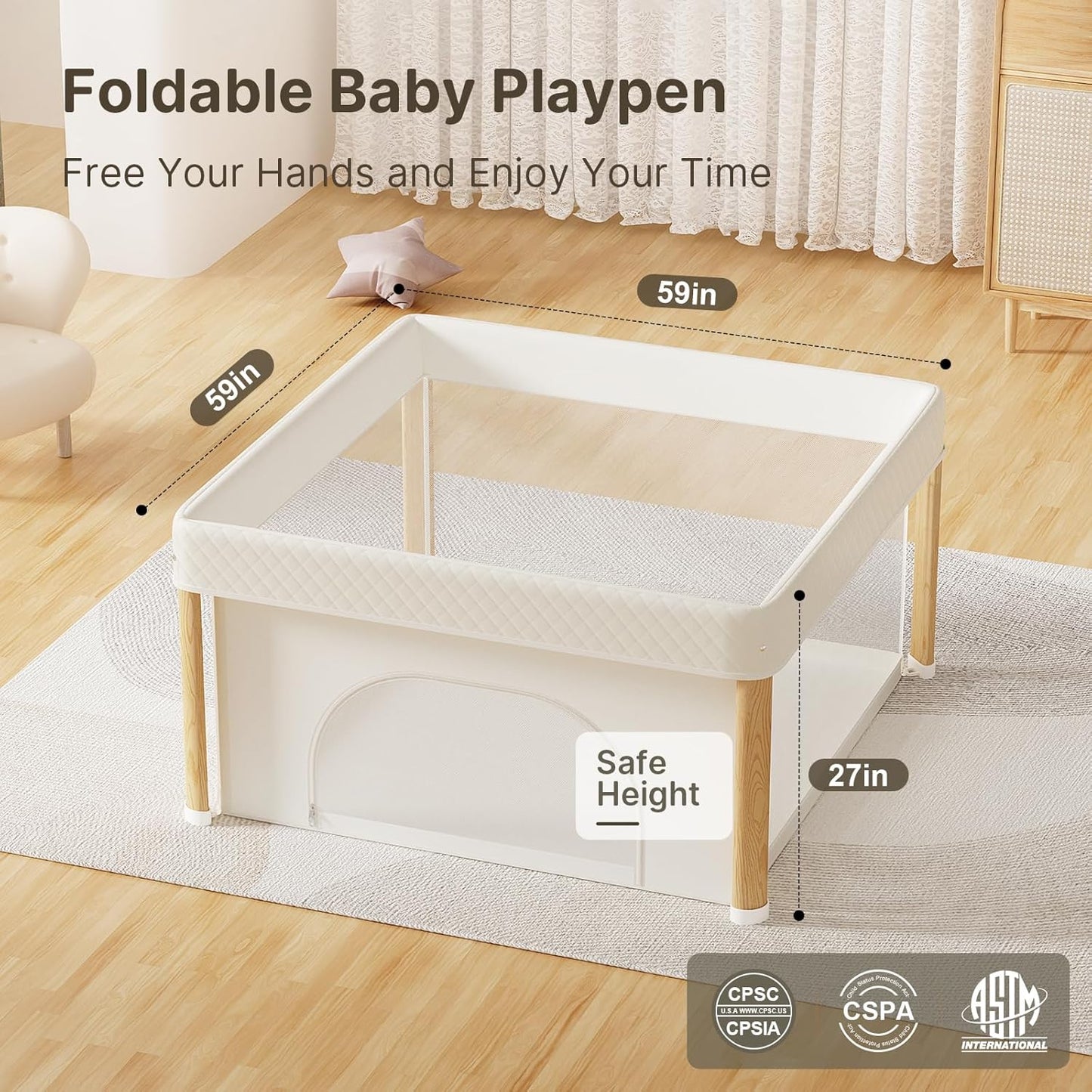 Foldable Baby Playpen, 51x51 Foldable Play Pen for Babies and Toddlers, Portable Playpen Indoor Outdoor, Kids Safety Area Travel Play Yard with Storage Bag Grey