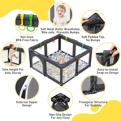 Baby Playpen Foldable Playpen for Babies and Toddlers, Large Playpens Portable Play Pen Play Yard for Kids Fence Indoor Outdoor Travel 4 Handlers 50 Balls Baby Gifts Essentials 50"X50" Dark Grey