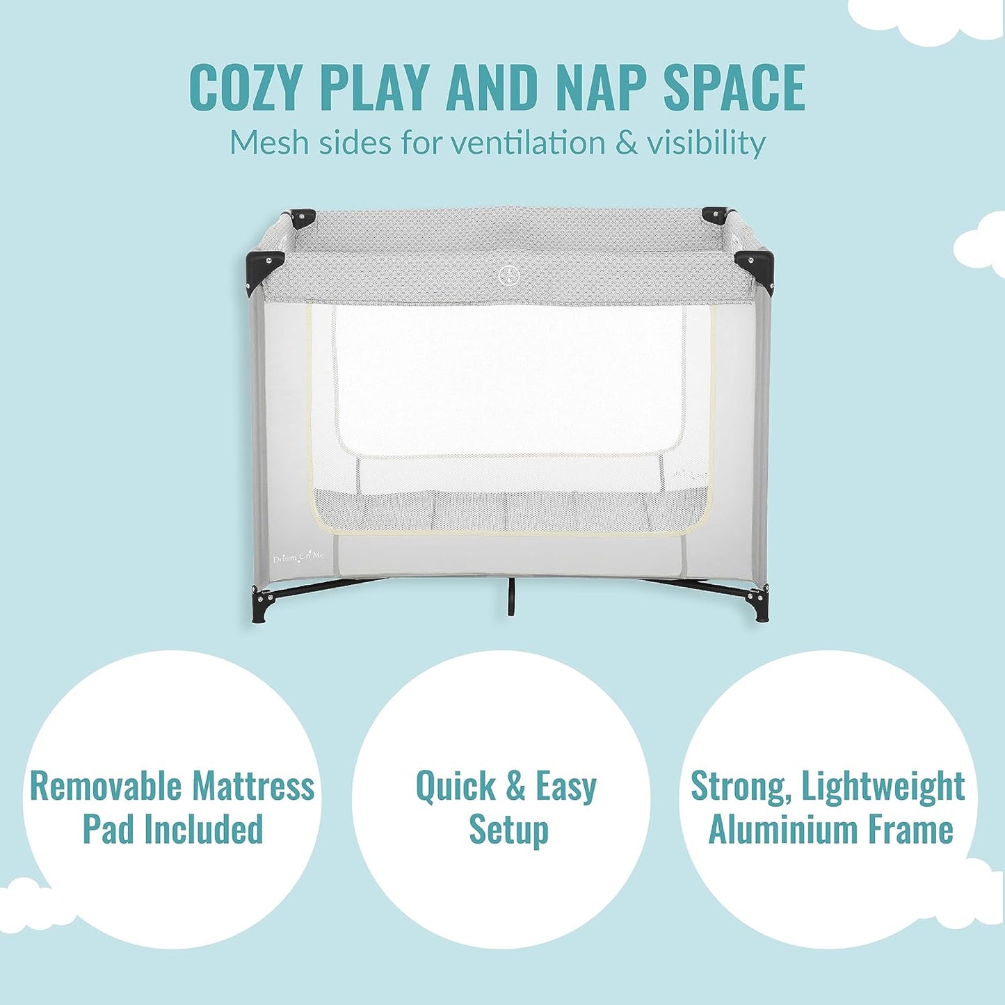 Dream On Me Zoom Portable Playard in Black, Lightweight, Packable and Easy Setup Baby Playard, Breathable Mesh Sides and Soft Fabric - Comes with a Removable Padded Mat