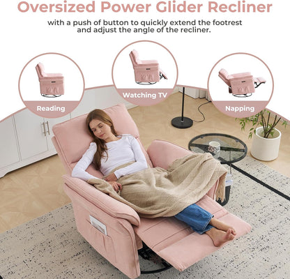 Oversized Glider Rocker Recliner, 26" Extra Wide 360° Swivel Nursery Recliner with Adjustable Headrest, Chenille Rocking Nursery Chair with Overstuffed Armrest, Lumbar Support, Light Grey