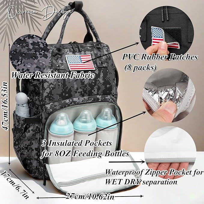 Camo Diaper Bag Backpack for Dad and Mom with USB Charging Port Stroller Straps and Insulated Pocket,army military Travel Nappy Backpack (DADDY and MOMMY patches)