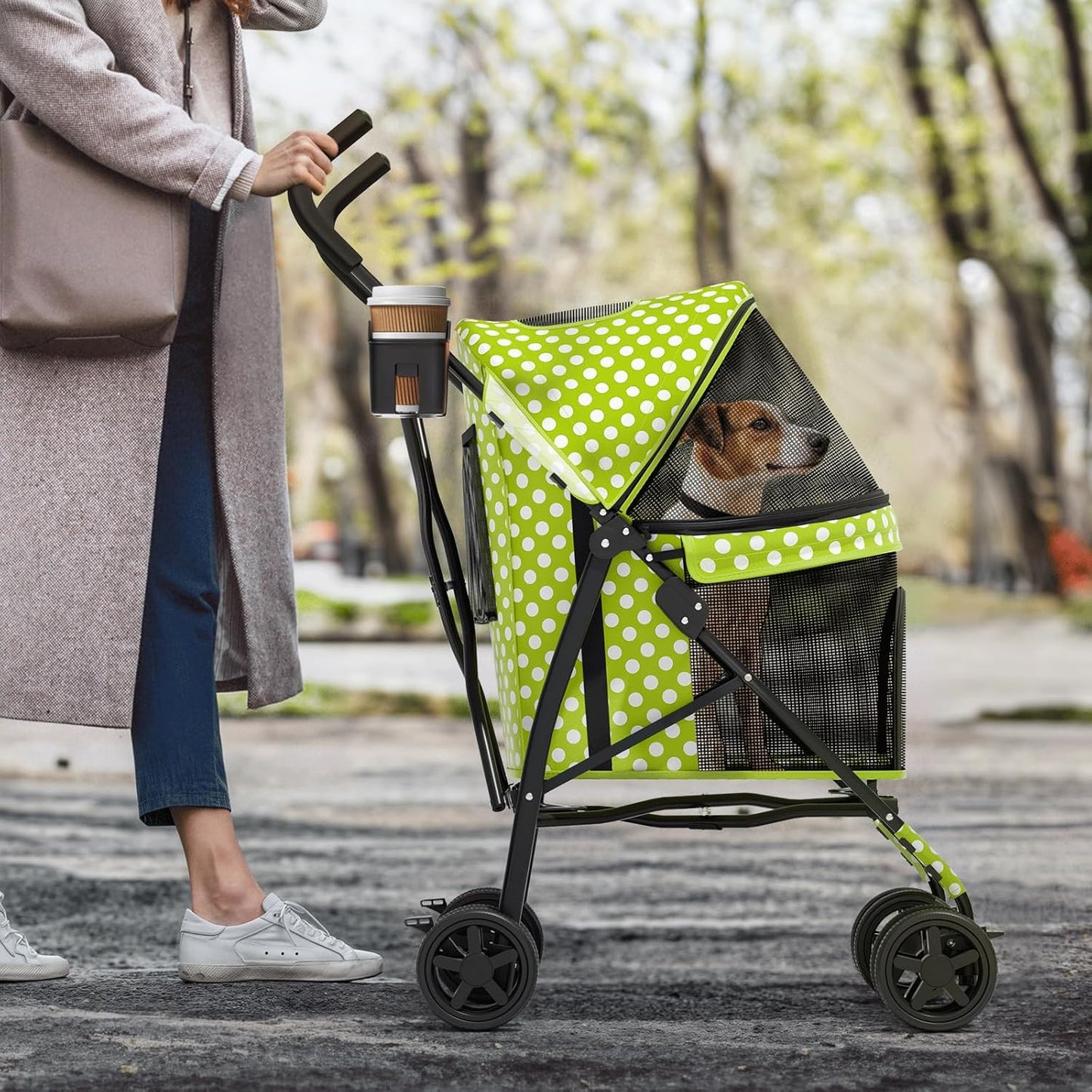 MoNiBloom 4 Wheels Pet Stroller, Easy-Fold Puppy Cage Jogger Stroller with Sun Cover, Pad and Rear Storage Bag, Breathable and Visible Mesh for Small/Medium Pets up to 22 lbs, Black
