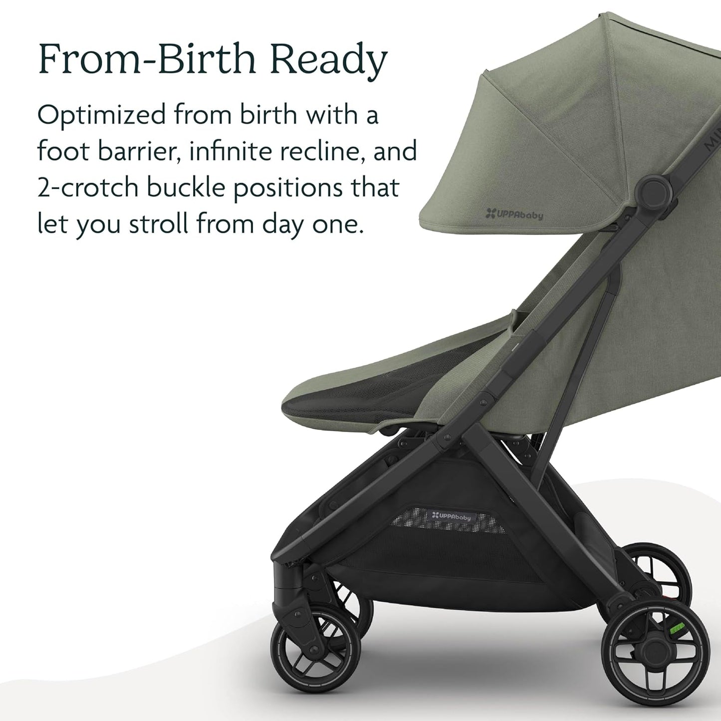 UPPAbaby Minu V3 Travel Stroller | Lightweight + Compact Design | One-Hand Fold + Unfold | from Birth + Overhead Compatible | Evelyn (Meadow Green/Carbon Frame/Chestnut Leather)