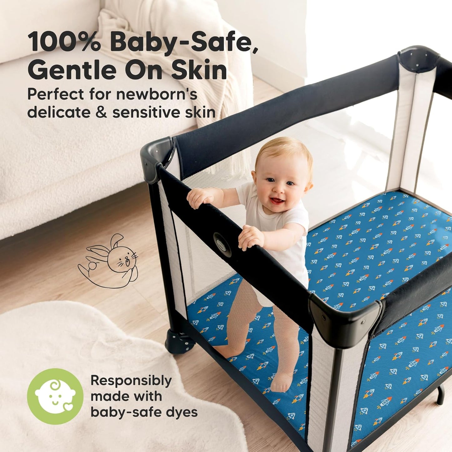 2-Pack Waterproof Pack and Play Sheets, Mini Crib Sheets Fitted for Boy, Girl - 38 x 26 Viscose from Bamboo Pack N Play Mattress Sheets for Graco, Toddler Playard Baby Crib Sheets Neutral (Blue Flax) - Colors A