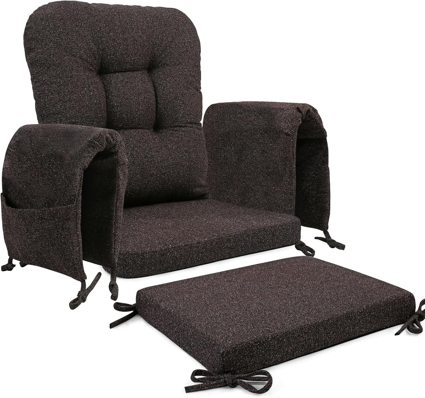 SINOSSO Glider Rocker Cushion Set (5 Pcs), Soft Blended Fabric High-Density Support Foam Seat Cushions with Ties, Fits Rocking Chair/Nursery Glider & Ottoman, Black-Gray