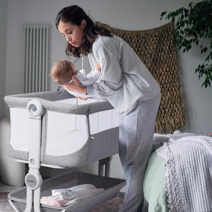 Cowiewie Baby Bassinet 4-Sided Mesh Bedside Sleeper with Wheels for Infant/Newborn Foldable Adjustable Height Portable Bedside Crib(Grey) | Breathable Mesh