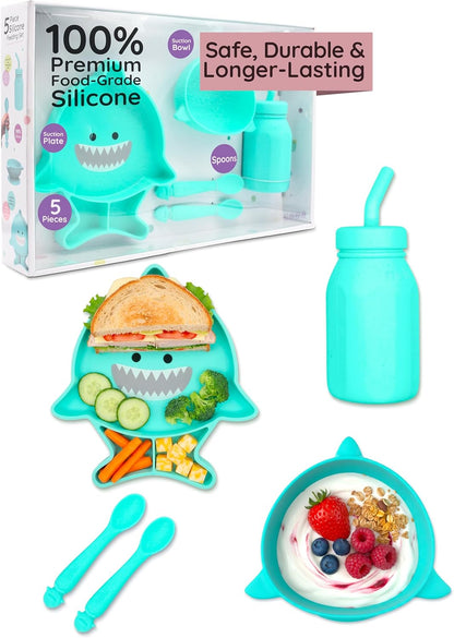 Melii 5-Piece Silicone Baby Feeding Set – Divided Suction Plate, Suction Bowl, Straw Cup & Spoons – Food-Grade Silicone, BPA-Free, Dishwasher & Microwave Safe, BLW Toddler Feeding Set, Dinosaur Design