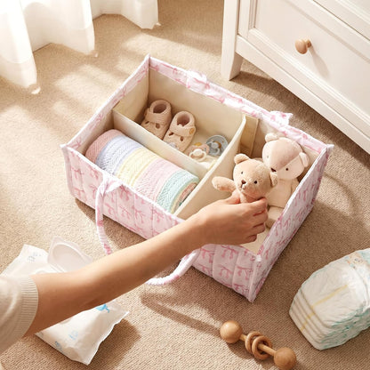 Shinylin Diaper Caddy Organizer with Pink Bow Portable Nursery Storage Basket with Handles and Removable Dividers Cute Storage Bin for Organizer Diaper Caddy Baby Wipes Baby Shower Gifts