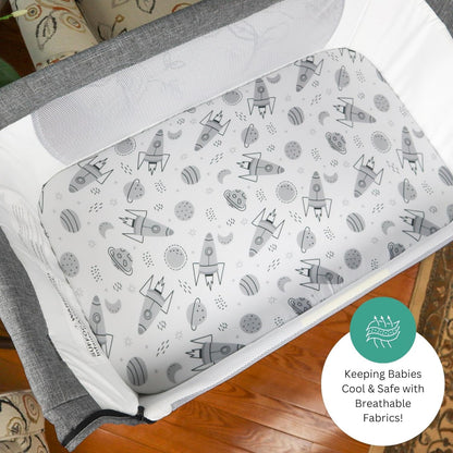 Bassinet Sheets for Papablic, CoZee, Cowiewie, Ezebaby, Nawahev Baby Bassinet Bedside Sleeper by TansyPanda, 3PC, 33x20, Ultra Soft, Breathable Snug Fit, Unisex Boys Girls, Gray White (Space Rockets)