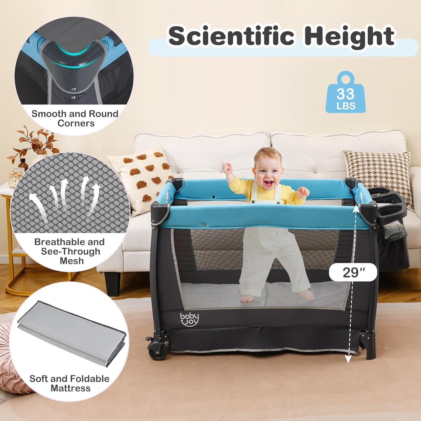 BABY JOY 5 in 1 Pack and Play, Portable Nursery Center Baby Playard w/Bassinet & Diaper Changing Table, Bag, Infant Bassinet Crib Activity Center for Baby Toddlers Indoor Outdoor (Royal Blue, Classic)