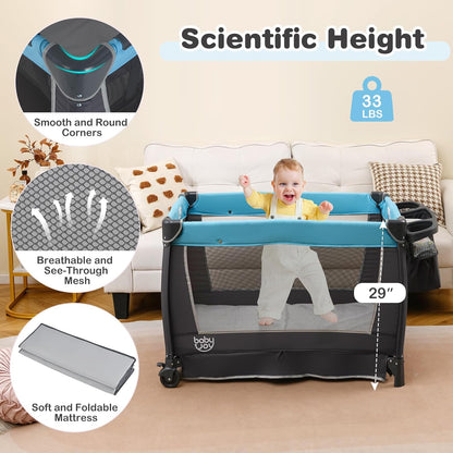 BABY JOY 5 in 1 Pack and Play, Portable Nursery Center Baby Playard w/Bassinet & Diaper Changing Table, Bag, Infant Bassinet Crib Activity Center for Baby Toddlers Indoor Outdoor (Royal Blue, Classic)