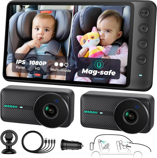 Magnetic Dual Baby Car Camera for Two Kids, 1080P IPS Display with Magnetic Mount, 3 Modes( Zoom/Mirror/Split ), Automatic Night Vision, USB-Powered Car Camera for Baby Rear Facing (2 Cams)