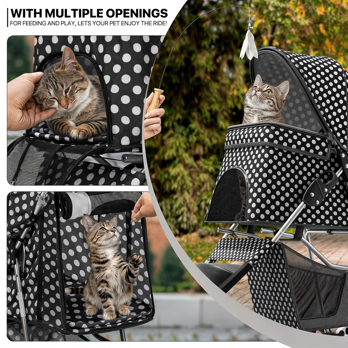 MoNiBloom Foldable Pet Stroller with Weather Cover, 3 Wheels Pet Strolling Cart for Small/Medium Dogs and Cats with Storage Basket and Cup Holder, Breathable and Visible Mesh for All-Season, Black