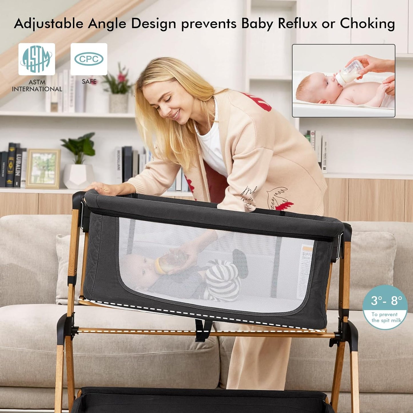 TotRun Bassinet Bedside Sleeper, Rocking Bassinets with Comfy Mattress and Wheels for Newborn, 5-Height Adjustable (Black)