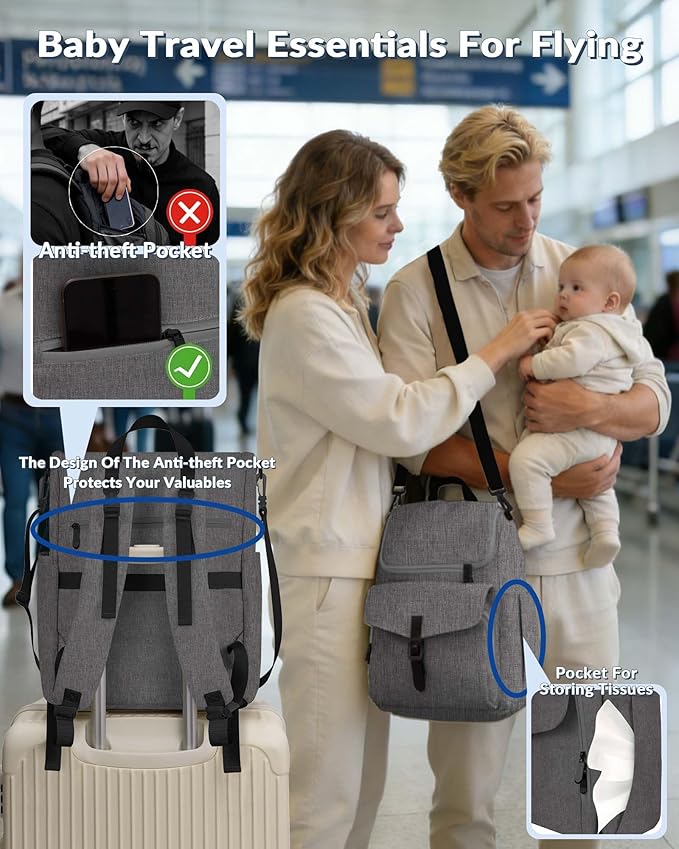 Baby Diaper Bag Backpack, 15 Pockets Newborn Baby Essential Travel bag, Multi Function Water Resistant Tote bag, Balancing Work and Life for Mon and Dad Grey