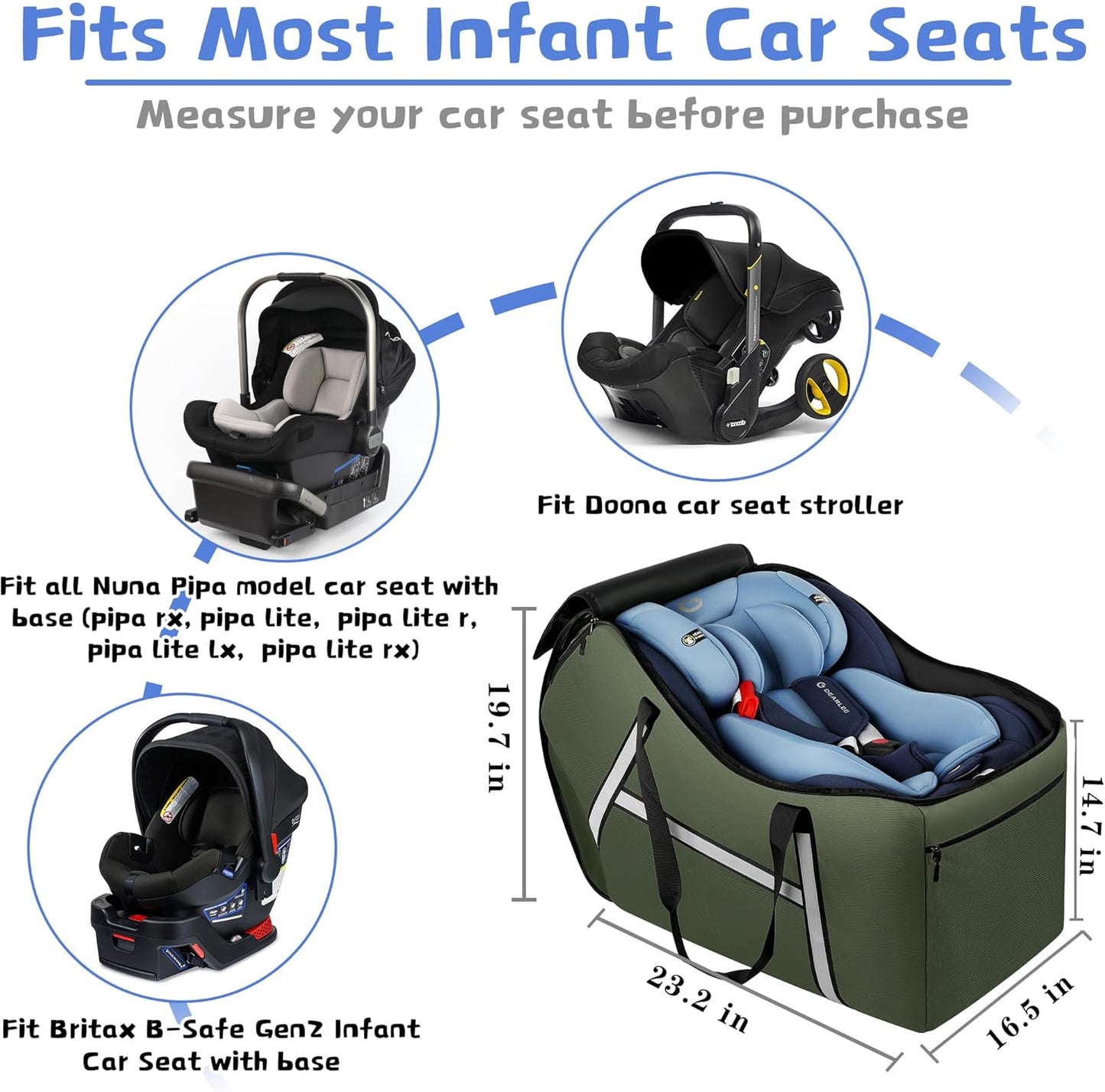 Infant Car Seat Travel Bag for Airplane Compatible with All Nuna Pipa Car Seat and Base,Chicco KeyFit 30 and Base, Padded Car Seat Bags for Air Travel,Car Seat Gate Check Bag with Side Pocket, Black