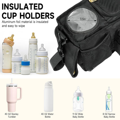 Universal Stroller Organizer with Insulated Cup Holders,Large Capacity Non-Slip Stroller Caddy Bag Fits for Uppababy/Doona/Jogger/Britax/Mompush/BoB with Anti-Sag Hard Bottom and Wet Wipes Pocket