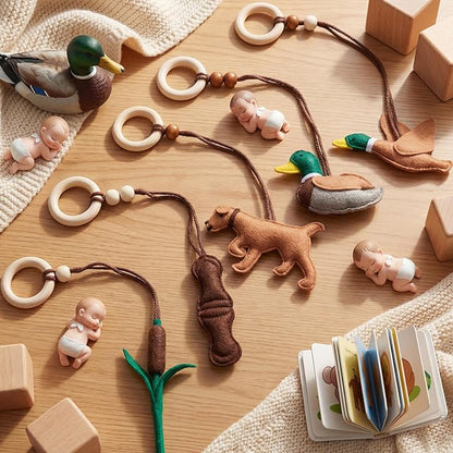 Simgoing 5 Pcs Baby Gym Hanging Toys Baby Wooden Felt Sensory Toys Wooden Activity Pendant for Home Nursery Decoration