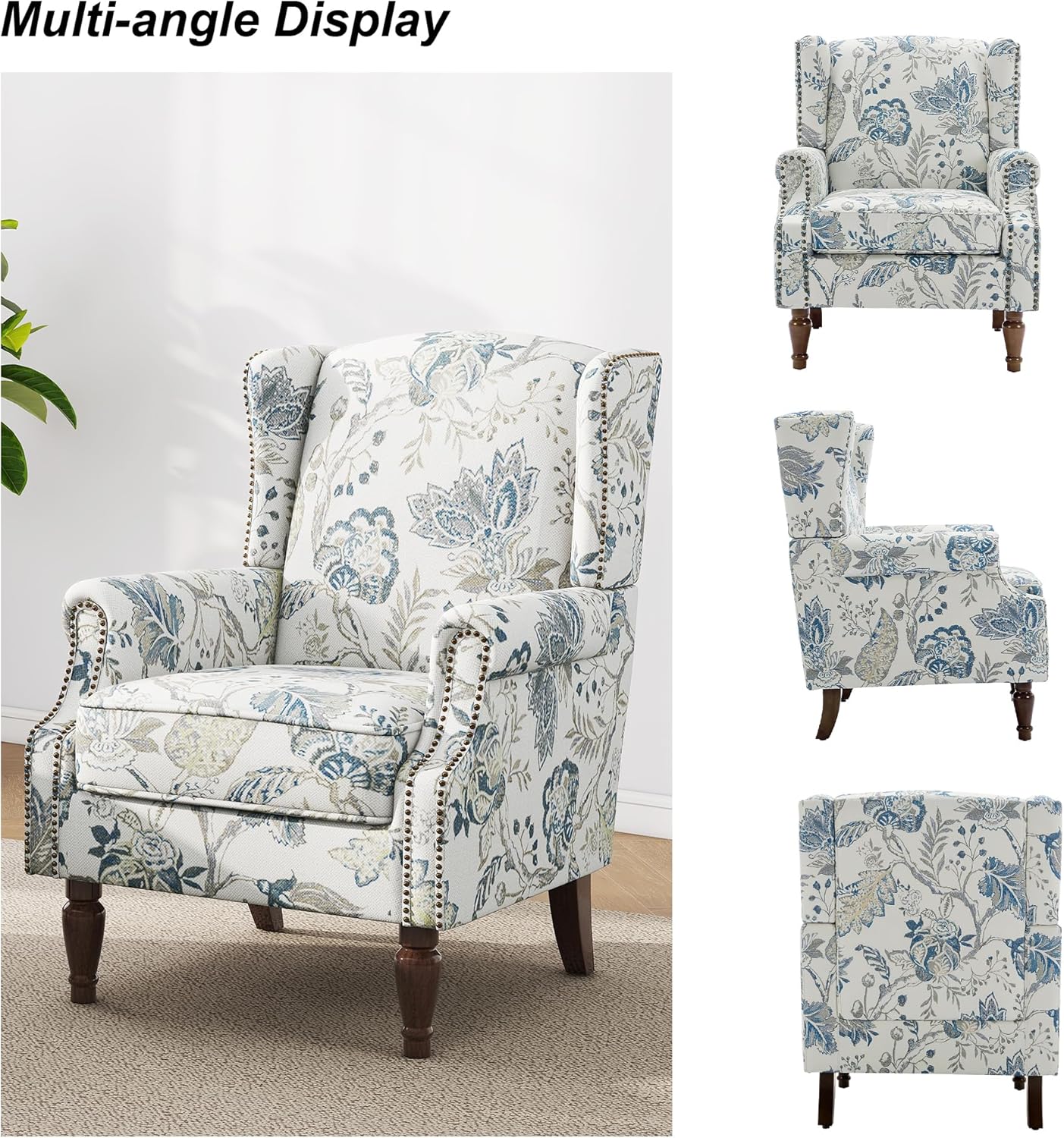 Swivel Rocker Recliner Chair, Manual Nursery Glider Recliner, Floral Fabric Wingback Accent Chair with Adjustable Backrest & Footrest for Small Spaces Living Room Bedroom (Plants Floral, Set of 1)