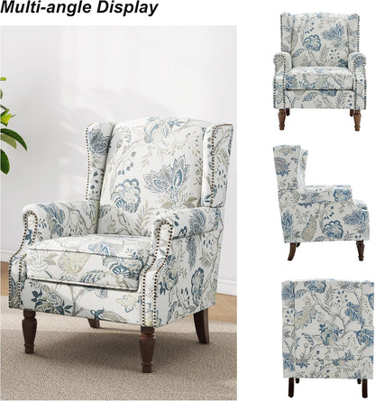 Swivel Rocker Recliner Chair, Manual Nursery Glider Recliner, Floral Fabric Wingback Accent Chair with Adjustable Backrest & Footrest for Small Spaces Living Room Bedroom (Plants Floral, Set of 1)