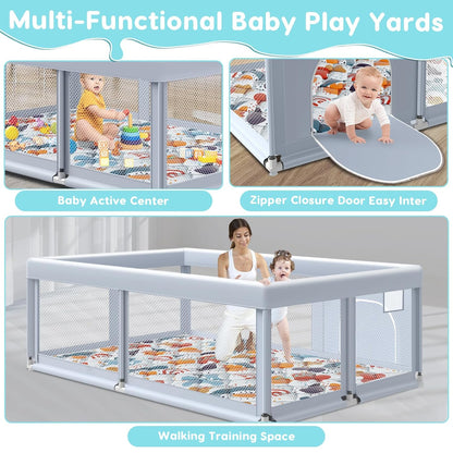 Fshibila 74" ×50" Large Baby Playpen, Baby Playard for Babies and Toddlers, Baby Fence Play Pens for Indoor & Outdoor, Sturdy Safety Play Yard with Soft Breathable Mesh, Anti-Fall, Grey