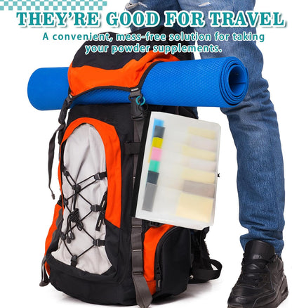 MUOUAKATE Protein Powder Travel Container Set - Reusable Powder Supplement Container To Go - 21pc Single Dose Bags and 3pc Large Travel Containers Zip Up Bags