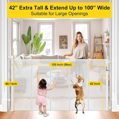 Reinforced 42” Tall x 100” Extra Wide Retractable Baby Gate for Large Openings Tall Baby Gates for Dogs Pet Gate with Rods to Prevent Crawling Through, Extra Wide Mesh Dog Gate, White