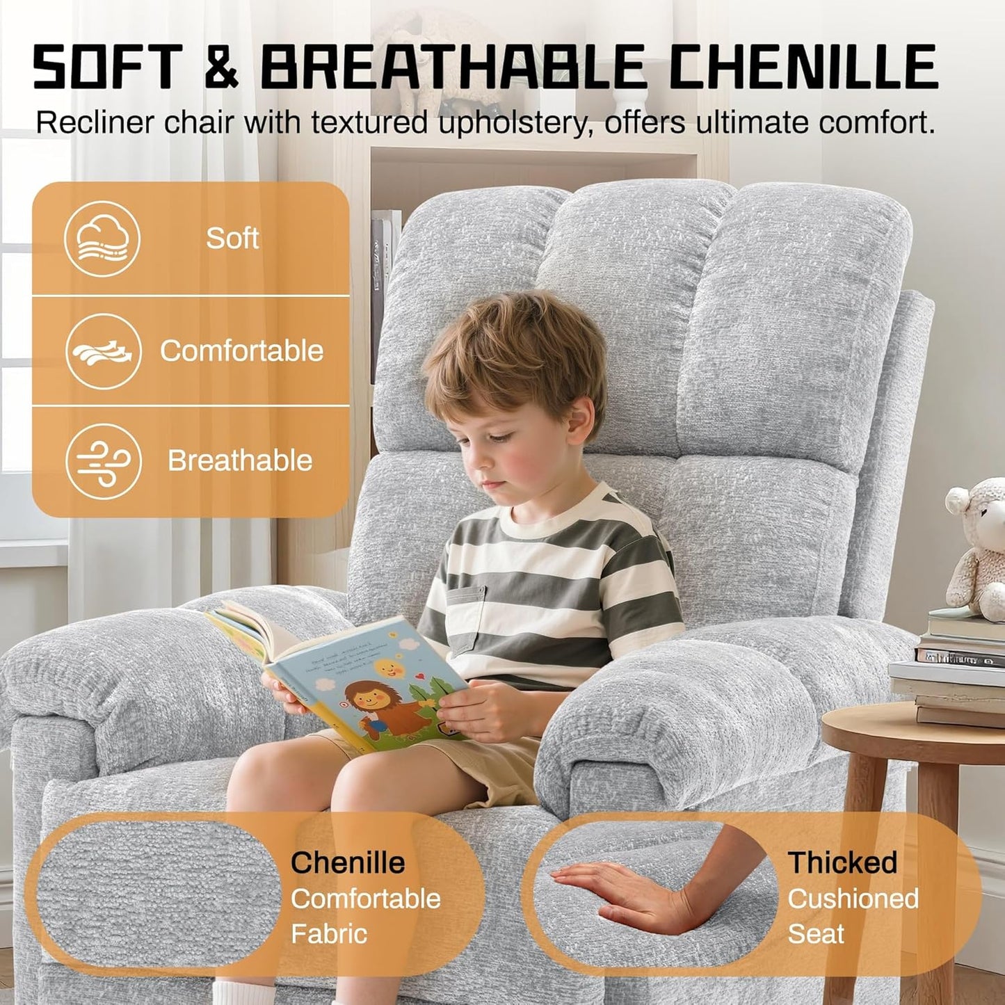 Korser Recliner Chair, Swivel Rocker Recliner Chair for Adults, Small Recliners for Small Spaces, Upholstered Manual Recliner with Side Pockets, Nursery Rocking Chair for Living Room, Chenille, Beige