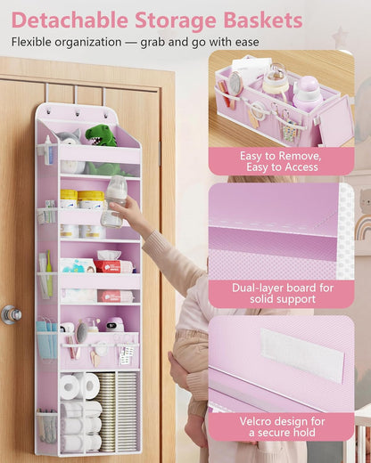 OneDream Over the Door Organizer for Nursery, 5-Tier Baby Clothes Organizer with Removable Storage Caddy, Hanging Behind Door Storage with Clear Pockets and Side Mesh Compartments, Grey