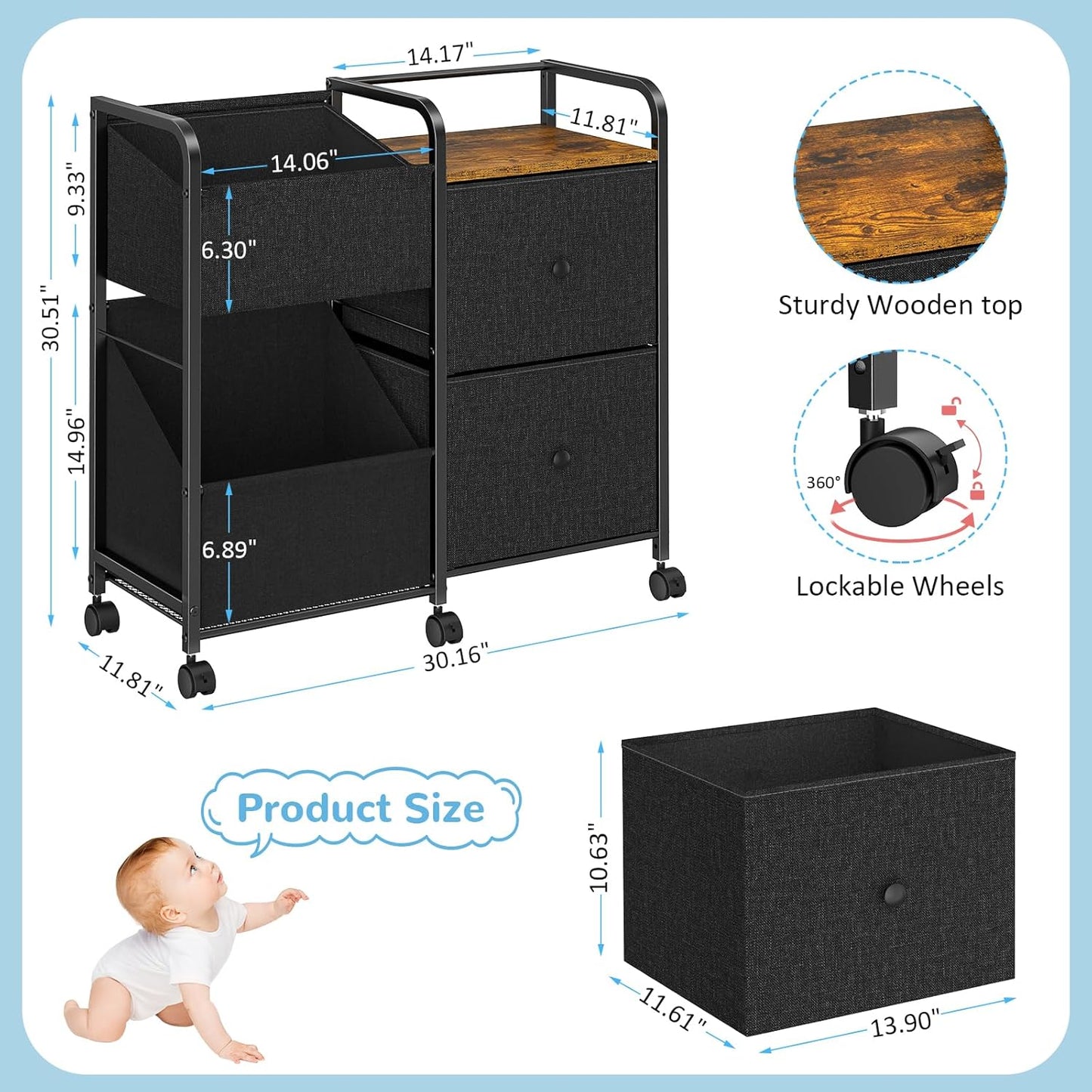 Baby Diaper Caddy Organizer Cart with Wheels, 2 Tier Rolling Cart with Dividers and Drawers, Mobile Utility Cart Bedside for Nursery, Bedroom, Baby Newborn Essentials Storage Cart, Black