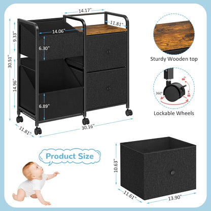 Baby Diaper Caddy Organizer Cart with Wheels, 2 Tier Rolling Cart with Dividers and Drawers, Mobile Utility Cart Bedside for Nursery, Bedroom, Baby Newborn Essentials Storage Cart, Black