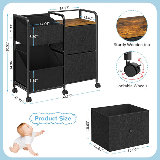 Baby Diaper Caddy Organizer Cart with Wheels, 2 Tier Rolling Cart with Dividers and Drawers, Mobile Utility Cart Bedside for Nursery, Bedroom, Baby Newborn Essentials Storage Cart, Black