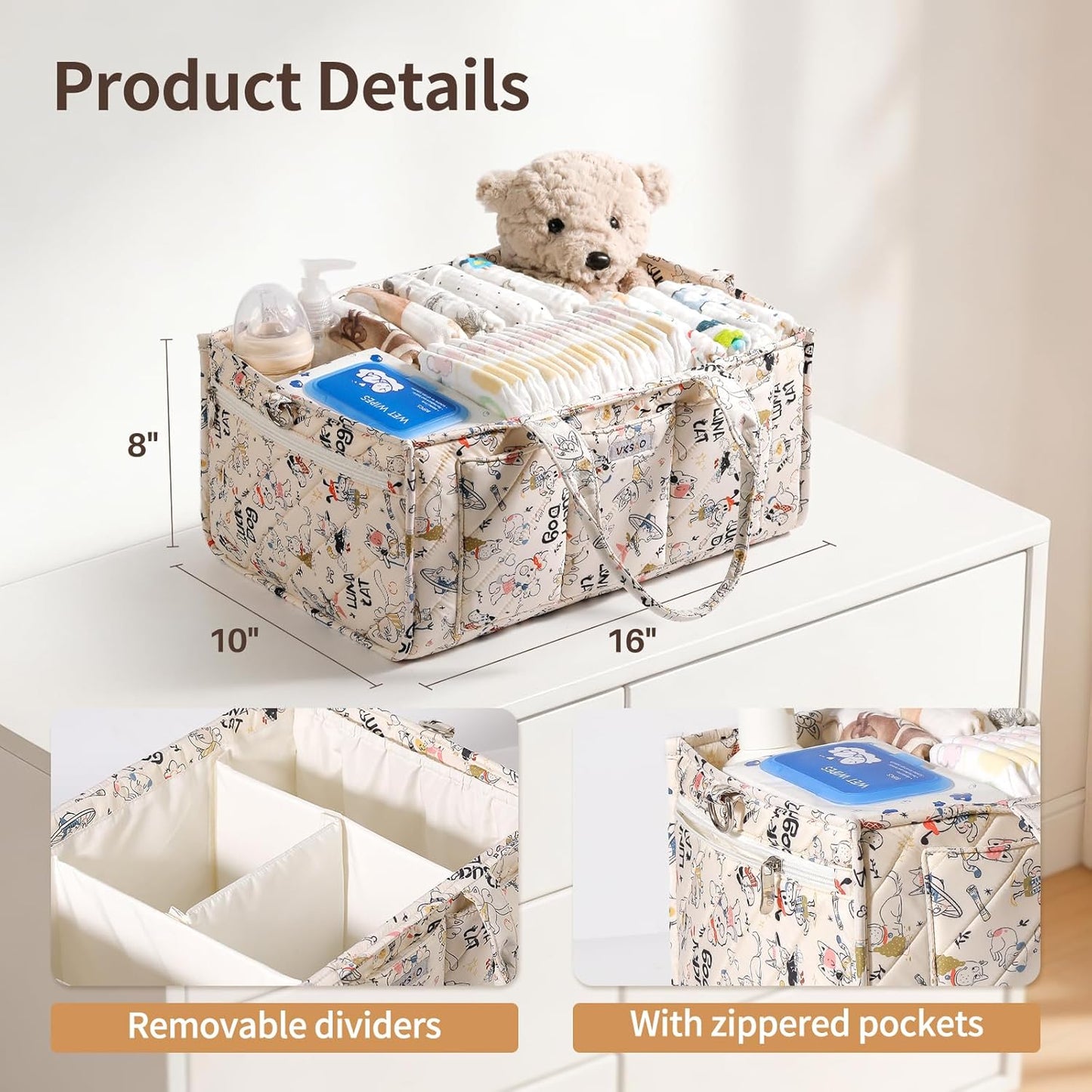 Baby Boy Essentials Diaper Caddy Organizer – Portable Storage Basket with Shoulder Strap & Stroller Hooks, Splashproof Quilted Nursery & Car Tote, Baby Gifts for Baby Shower, Classic Blue