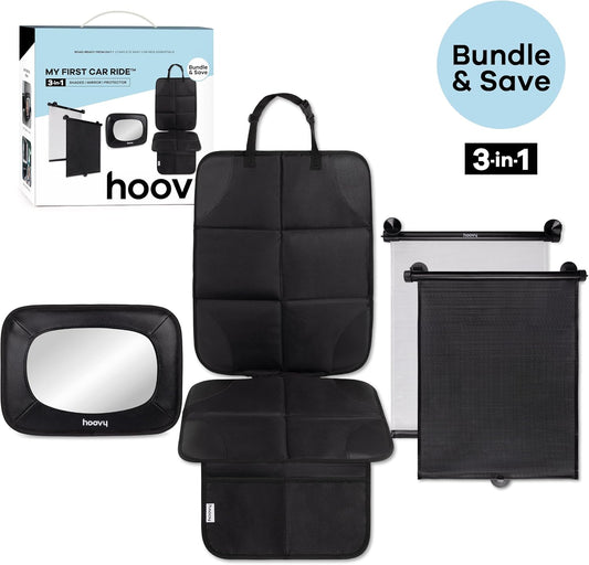 Hoovy My First Car Ride™ 3-in-1 Baby Car Essentials Bundle, Roller Sun Shades, Rear-Facing Mirror, and Seat Protector