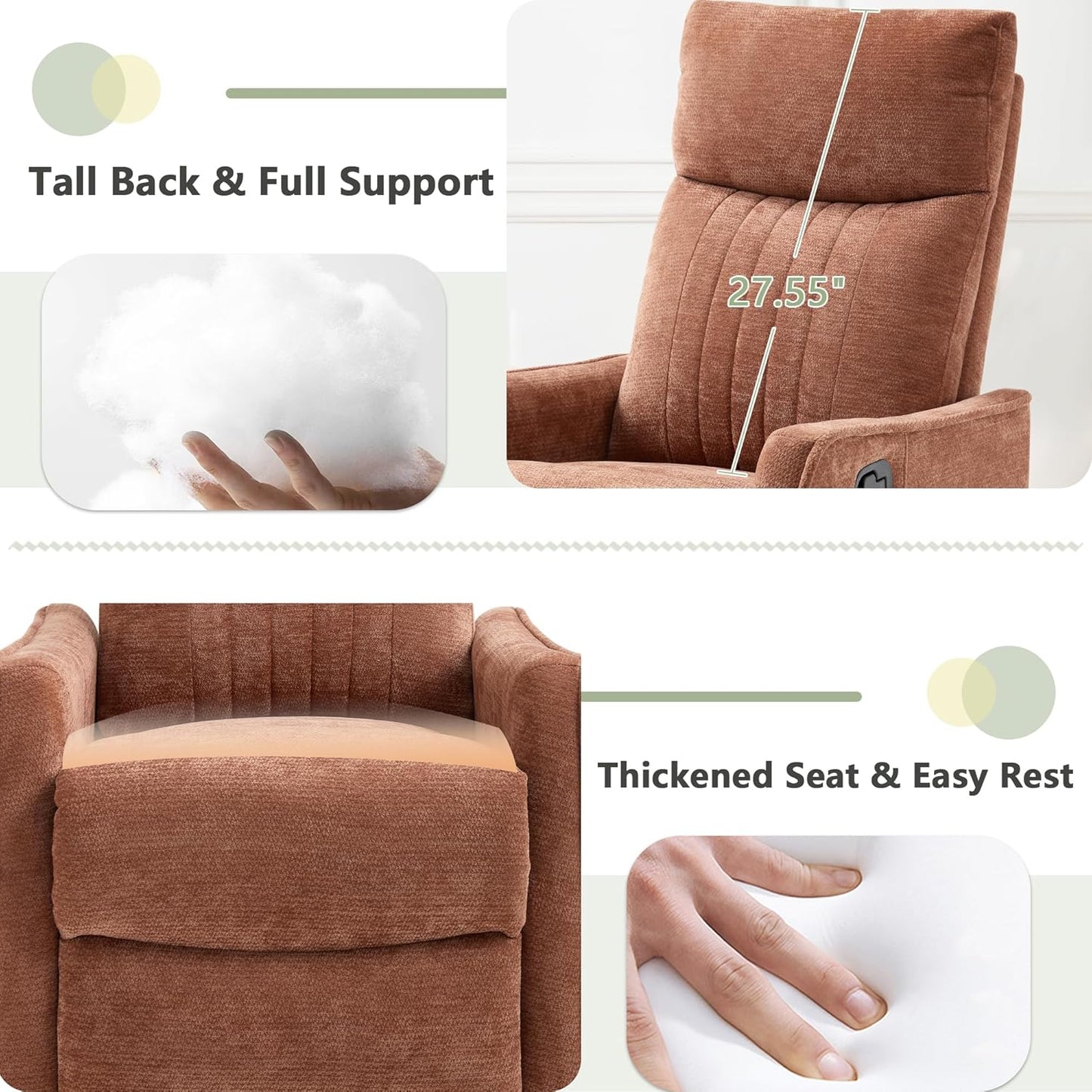 cinkehome Swivel Rocker Recliner, Glider Rocker Recliner Chair for Nursery, Manual Reclining Chair with Heated Massage, Small Spaces, Living Room, Khaki Chenille