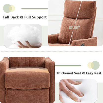 cinkehome Swivel Rocker Recliner, Glider Rocker Recliner Chair for Nursery, Manual Reclining Chair with Heated Massage, Small Spaces, Living Room, Khaki Chenille