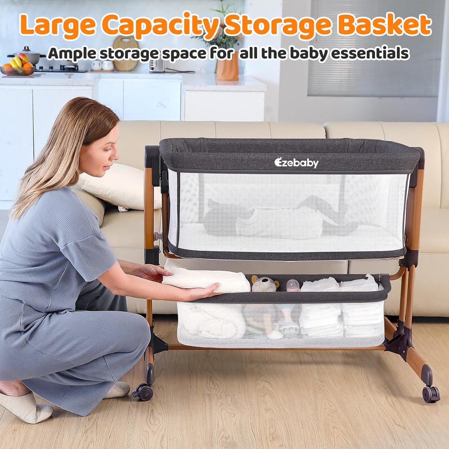 Ezebaby 3-in-1 Baby Bassinet, Rocking Baby Bassinets Bedside Sleeper, Adjustable Portable Crib for Newborn Infant with Wheels Storage Basket and Mesh Sides
