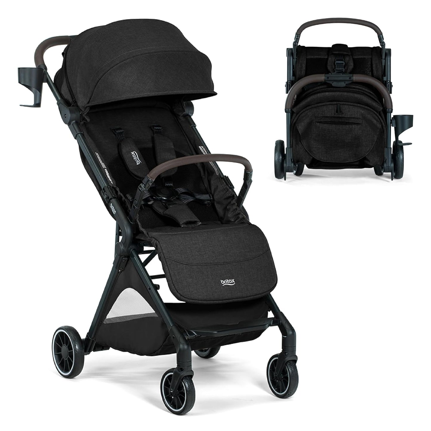 Britax Juniper Compact On-The-Go Stroller, Effortless Fastpack System with One-Hand RapidFold, Portable & Lightweight for Travel, Built-in Carry Handle, Ventilating Fabrics, Raven Black