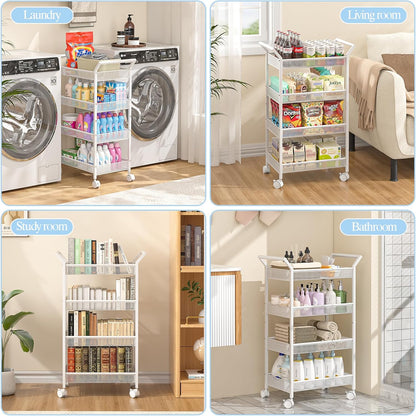 Baby Diaper Caddy Cart, 4-Tier Diaper Caddy Organizer and Storage, Rolling Utility Cart for Baby Supplies, Diaper Cart with Wheels for Bedroom, Nursery, Changing Table, White