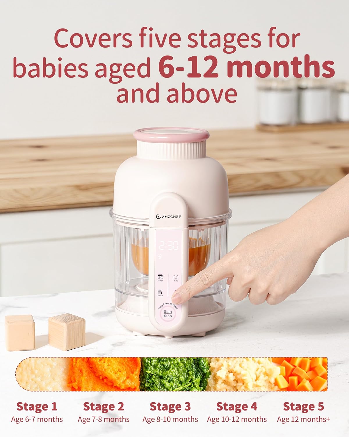 AMZCHEF Baby Food Maker with Auto Steam & Blend, 9-in-1 Baby Puree Maker with Food-grade glass, BPA-Free & Easy Cleaning, Touch Screen, Dishwasher Safe, Off-white