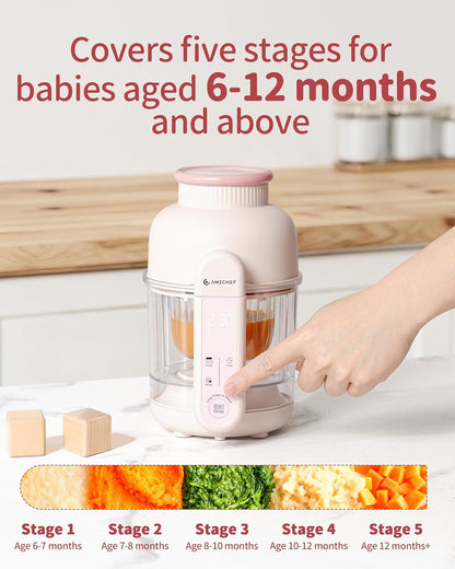 AMZCHEF Baby Food Maker with Auto Steam & Blend, 9-in-1 Baby Puree Maker with Food-grade glass, BPA-Free & Easy Cleaning, Touch Screen, Dishwasher Safe, Off-white